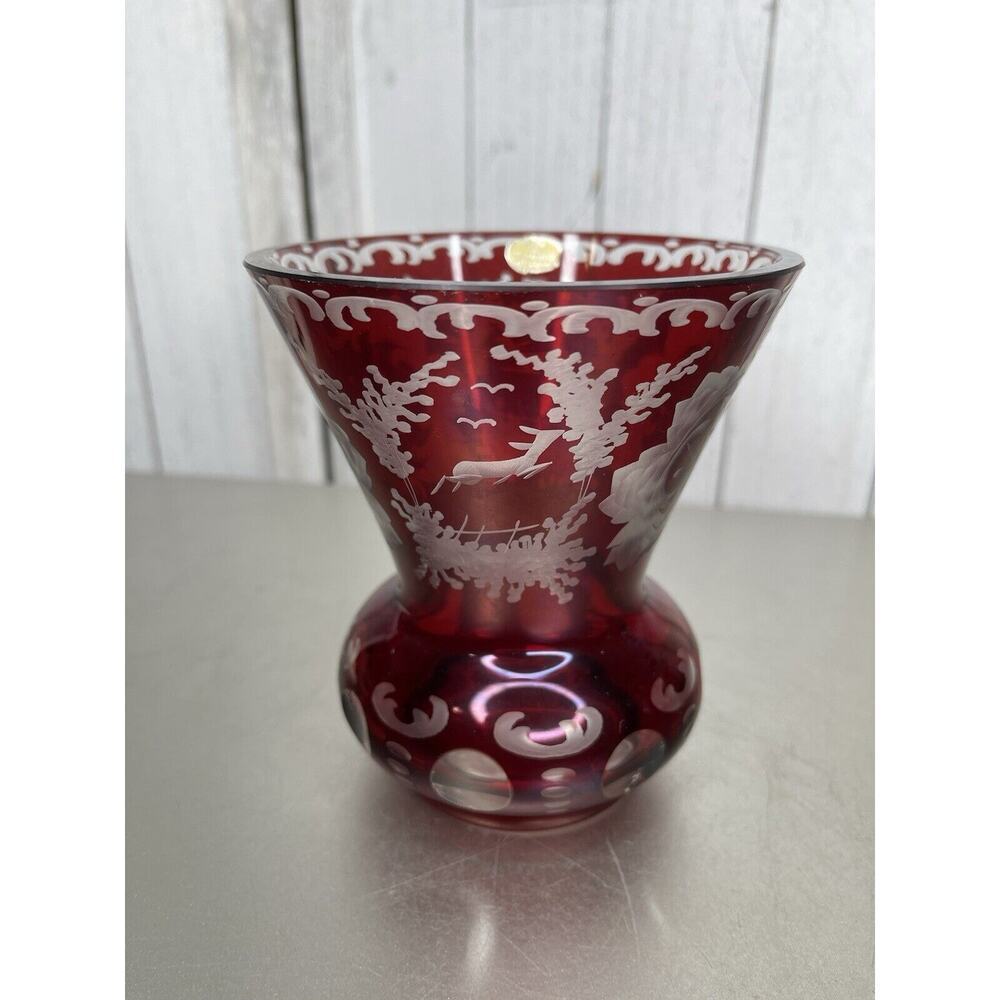 Antique Bohemian glass Vase Ruby red Etched glass Deer Castle Vintage
